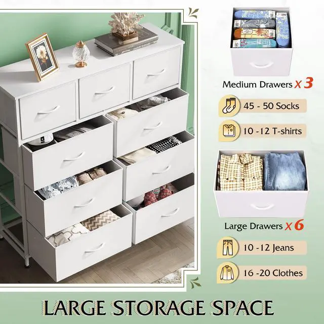 Alt view image 4 of 7 - 9-Drawer Dresser, Fabric Storage Tower for Bedroom, Hallway, Closet, Tall Chest Organizer Unit for Bedroom with Fabric Bins, Steel Frame, Wood Top, Easy Pull Handle, White