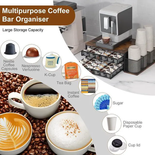Alt view image 4 of 7 - Cup Holder - 60 Capsule Capacity 2 Tier Sliding Pods Storage Drawer with Disposable Cups & Lids Holder, Coffee Bar Station Organizer for Countertop, Black