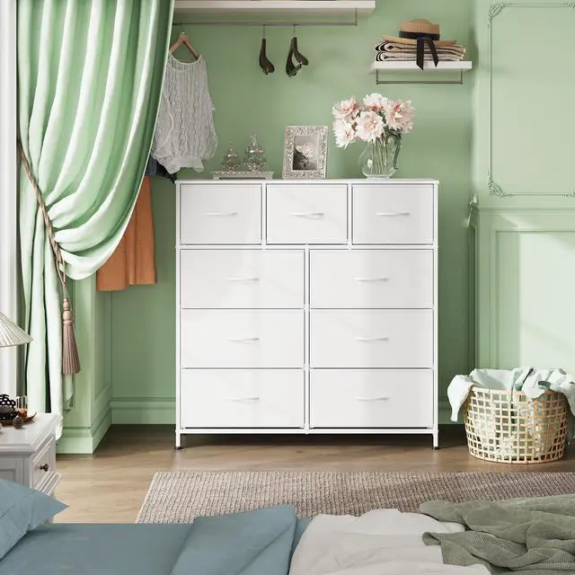 Alt view image 3 of 7 - 9-Drawer Dresser, Fabric Storage Tower for Bedroom, Hallway, Closet, Tall Chest Organizer Unit for Bedroom with Fabric Bins, Steel Frame, Wood Top, Easy Pull Handle, White