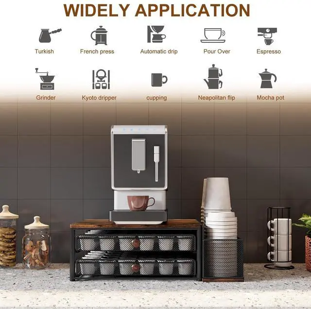 Alt view image 5 of 7 - Cup Holder - 60 Capsule Capacity 2 Tier Sliding Pods Storage Drawer with Disposable Cups & Lids Holder, Coffee Bar Station Organizer for Countertop, Black