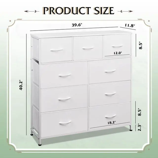 Alt view image 7 of 7 - 9-Drawer Dresser, Fabric Storage Tower for Bedroom, Hallway, Closet, Tall Chest Organizer Unit for Bedroom with Fabric Bins, Steel Frame, Wood Top, Easy Pull Handle, White