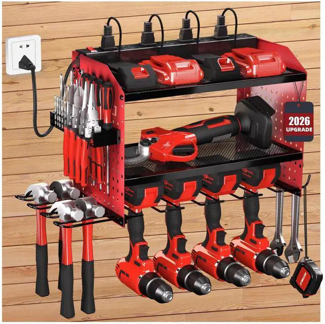 Main image of Power Tool Organizer with Charging Station, Heavy Duty Modular Wall Mount Rack for Garage & Shed Organization, 4 Drill Holders, Fathers Day Anniversary Birthday Gifts for Men Dad Him Husband(Red)