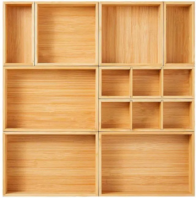 Main image of Drawer Organizer, Set of 9 Bamboo Wood Kitchen Makeup Desk Junk Tea Drawer Storage Boxes Bins for Cutlery Silverware Utensils Flatware, Small Wooden Container Tray for Bathroom, Office