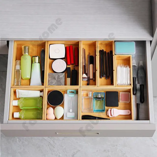Alt view image 2 of 7 - Drawer Organizer, Set of 9 Bamboo Wood Kitchen Makeup Desk Junk Tea Drawer Storage Boxes Bins for Cutlery Silverware Utensils Flatware, Small Wooden Container Tray for Bathroom, Office