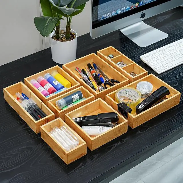 Alt view image 4 of 7 - Drawer Organizer, Set of 9 Bamboo Wood Kitchen Makeup Desk Junk Tea Drawer Storage Boxes Bins for Cutlery Silverware Utensils Flatware, Small Wooden Container Tray for Bathroom, Office