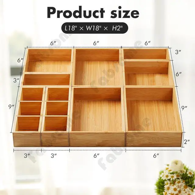 Alt view image 6 of 7 - Drawer Organizer, Set of 9 Bamboo Wood Kitchen Makeup Desk Junk Tea Drawer Storage Boxes Bins for Cutlery Silverware Utensils Flatware, Small Wooden Container Tray for Bathroom, Office