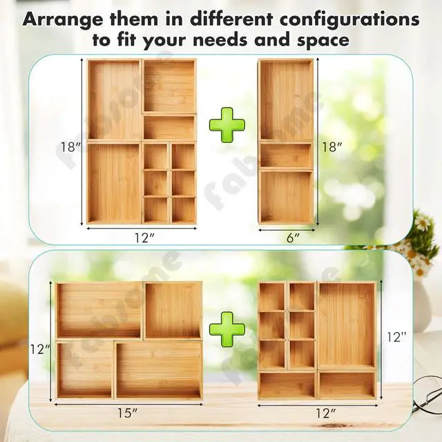 Alt view image 7 of 7 - Drawer Organizer, Set of 9 Bamboo Wood Kitchen Makeup Desk Junk Tea Drawer Storage Boxes Bins for Cutlery Silverware Utensils Flatware, Small Wooden Container Tray for Bathroom, Office