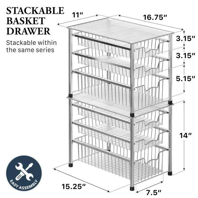 Alt view image 2 of 7 - Stackable 3 Tier Sliding Basket Organizer Drawer, Chrome