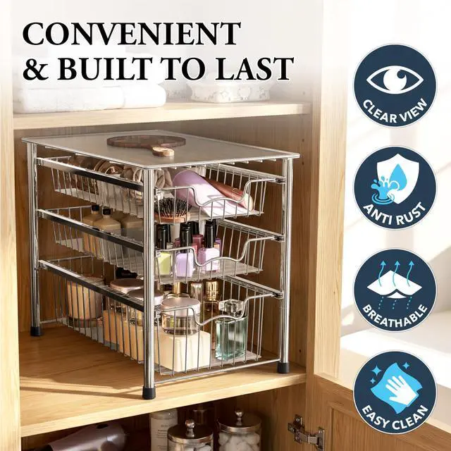 Alt view image 5 of 7 - Stackable 3 Tier Sliding Basket Organizer Drawer, Chrome