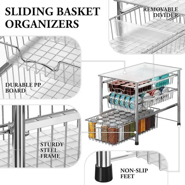 Alt view image 4 of 7 - Stackable 3 Tier Sliding Basket Organizer Drawer, Chrome