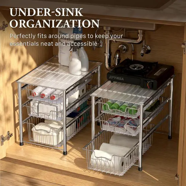 Alt view image 6 of 7 - Stackable 3 Tier Sliding Basket Organizer Drawer, Chrome