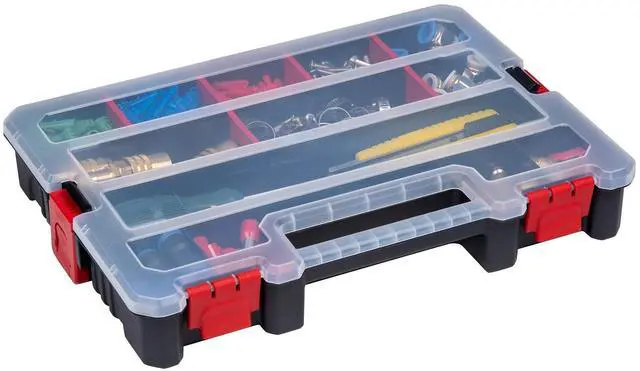 Alt view image 3 of 7 - 2-Pack Small Parts Organizer Box Stackable Hardware Storage Organizer Case with 20 Compartments & Dividers Screw, Nut, Bolt, Drill Bit Organizer for Garage, Workshop, Crafts