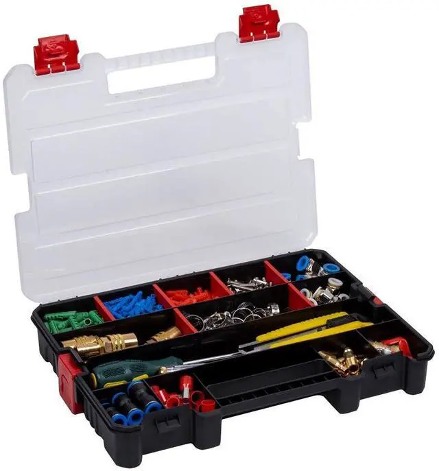 Alt view image 4 of 7 - 2-Pack Small Parts Organizer Box Stackable Hardware Storage Organizer Case with 20 Compartments & Dividers Screw, Nut, Bolt, Drill Bit Organizer for Garage, Workshop, Crafts