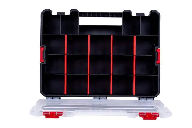 Alt view image 6 of 7 - 2-Pack Small Parts Organizer Box Stackable Hardware Storage Organizer Case with 20 Compartments & Dividers Screw, Nut, Bolt, Drill Bit Organizer for Garage, Workshop, Crafts