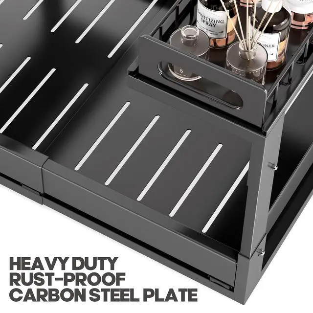 Alt view image 6 of 7 - 1 Pack Expandable Under Sink Organizers And Storage With Upgrade Ball-Bearing Slide Tracks,2-Tier Pull Out Under Cabinet Organizer Height Adjustable,Slide Out Under Sink Drawers-Black(Patent Pending)
