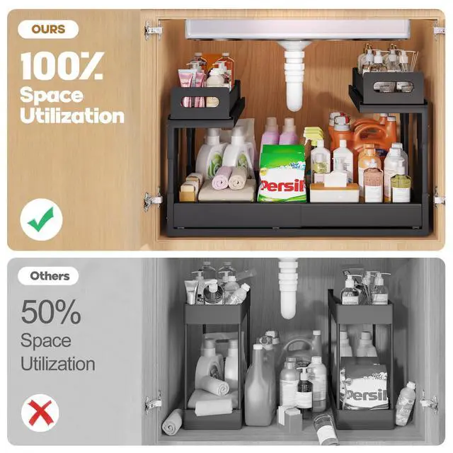 Alt view image 4 of 7 - 1 Pack Expandable Under Sink Organizers And Storage With Upgrade Ball-Bearing Slide Tracks,2-Tier Pull Out Under Cabinet Organizer Height Adjustable,Slide Out Under Sink Drawers-Black(Patent Pending)