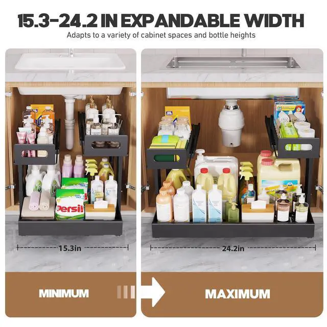 Alt view image 7 of 7 - 1 Pack Expandable Under Sink Organizers And Storage With Upgrade Ball-Bearing Slide Tracks,2-Tier Pull Out Under Cabinet Organizer Height Adjustable,Slide Out Under Sink Drawers-Black(Patent Pending)
