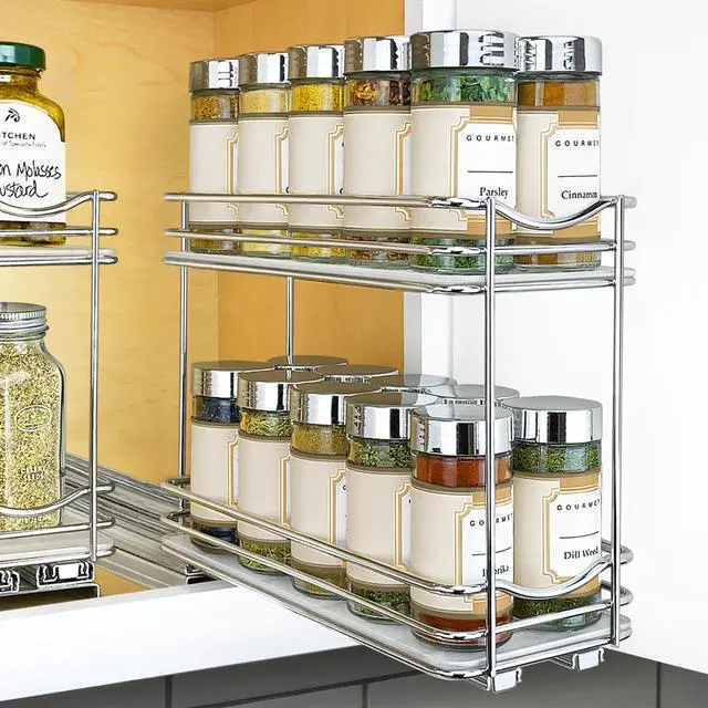 Main image of Pull Out Spice Organization for Cabinets - 4-3/8 inch Wide Spice Rack for Inside Cabinets, Slide Out Spice Rack Organizer for cabinet Pull Out Spice Rack, Sliding 2 Tier Chrome