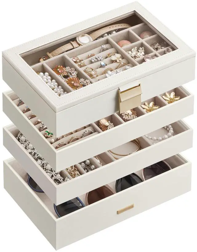 Main image of GISELLA Collection - Stackable Jewelry Trays, 4-Tier Jewelry Box, Drawer Jewelry Organizer, with Glass Lid, Removable Dividers, 6.7 x 11 x 7.2 Inches, Gift Idea, Cloud White UJBC164W01
