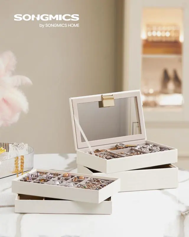Alt view image 2 of 7 - GISELLA Collection - Stackable Jewelry Trays, 4-Tier Jewelry Box, Drawer Jewelry Organizer, with Glass Lid, Removable Dividers, 6.7 x 11 x 7.2 Inches, Gift Idea, Cloud White UJBC164W01