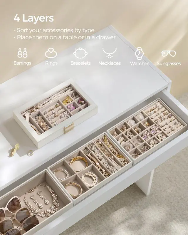 Alt view image 3 of 7 - GISELLA Collection - Stackable Jewelry Trays, 4-Tier Jewelry Box, Drawer Jewelry Organizer, with Glass Lid, Removable Dividers, 6.7 x 11 x 7.2 Inches, Gift Idea, Cloud White UJBC164W01