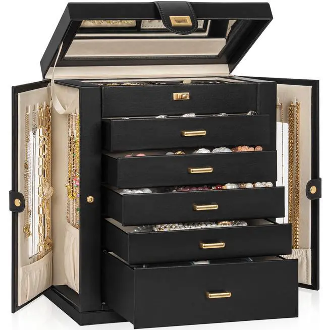 Main image of 6-Tier Jewelry Box Organizer Functional 5 Drawers Leather Jewelry Storage Case for Women Girls Ring Necklace Earring Bracelet Holder Organizer with Mirror XL Black 360° Rotating