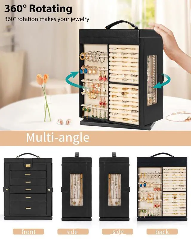 Alt view image 3 of 7 - 6-Tier Jewelry Box Organizer Functional 5 Drawers Leather Jewelry Storage Case for Women Girls Ring Necklace Earring Bracelet Holder Organizer with Mirror XL Black 360° Rotating