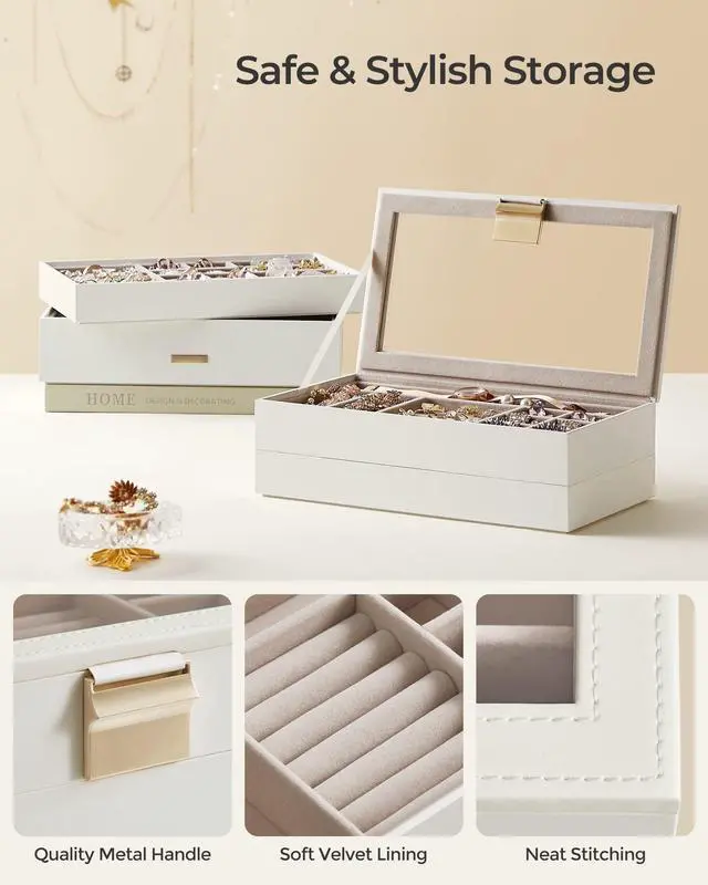 Alt view image 5 of 7 - GISELLA Collection - Stackable Jewelry Trays, 4-Tier Jewelry Box, Drawer Jewelry Organizer, with Glass Lid, Removable Dividers, 6.7 x 11 x 7.2 Inches, Gift Idea, Cloud White UJBC164W01