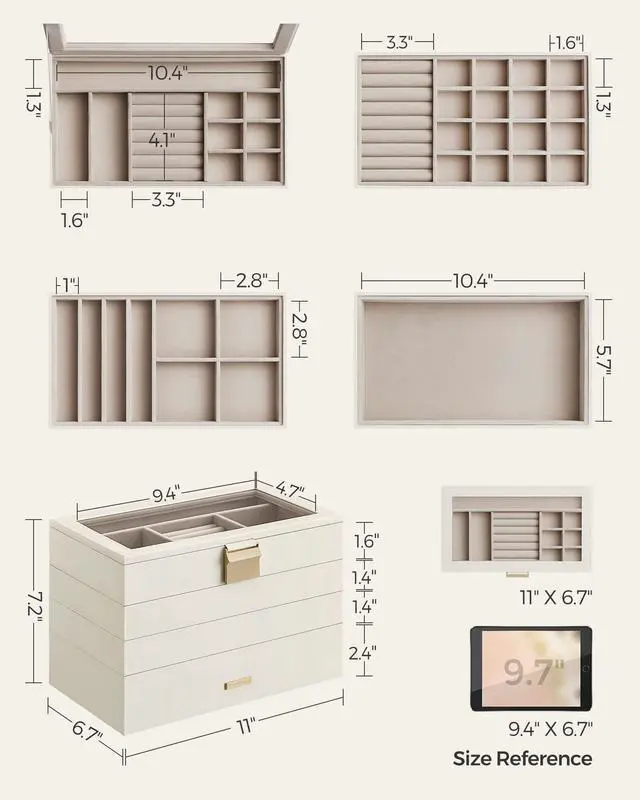 Alt view image 6 of 7 - GISELLA Collection - Stackable Jewelry Trays, 4-Tier Jewelry Box, Drawer Jewelry Organizer, with Glass Lid, Removable Dividers, 6.7 x 11 x 7.2 Inches, Gift Idea, Cloud White UJBC164W01