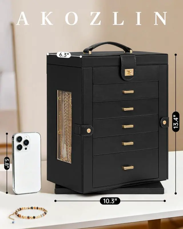 Alt view image 2 of 7 - 6-Tier Jewelry Box Organizer Functional 5 Drawers Leather Jewelry Storage Case for Women Girls Ring Necklace Earring Bracelet Holder Organizer with Mirror XL Black 360° Rotating