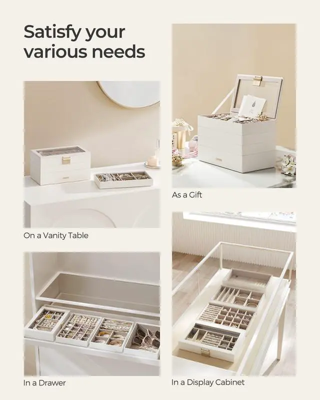 Alt view image 7 of 7 - GISELLA Collection - Stackable Jewelry Trays, 4-Tier Jewelry Box, Drawer Jewelry Organizer, with Glass Lid, Removable Dividers, 6.7 x 11 x 7.2 Inches, Gift Idea, Cloud White UJBC164W01
