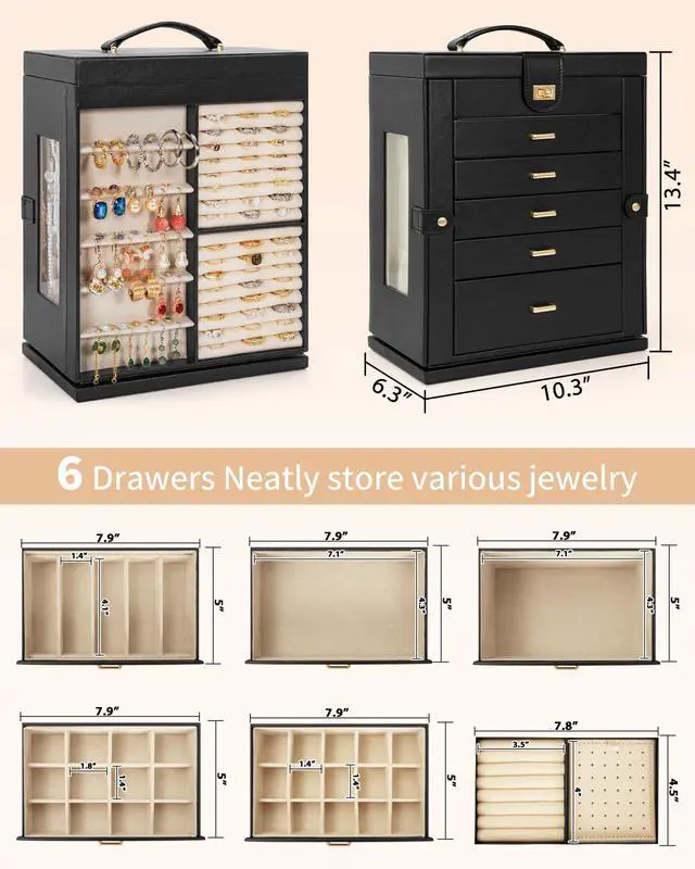 Alt view image 4 of 7 - 6-Tier Jewelry Box Organizer Functional 5 Drawers Leather Jewelry Storage Case for Women Girls Ring Necklace Earring Bracelet Holder Organizer with Mirror XL Black 360° Rotating