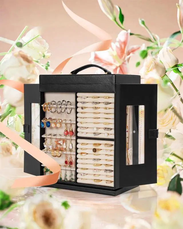 Alt view image 5 of 7 - 6-Tier Jewelry Box Organizer Functional 5 Drawers Leather Jewelry Storage Case for Women Girls Ring Necklace Earring Bracelet Holder Organizer with Mirror XL Black 360° Rotating
