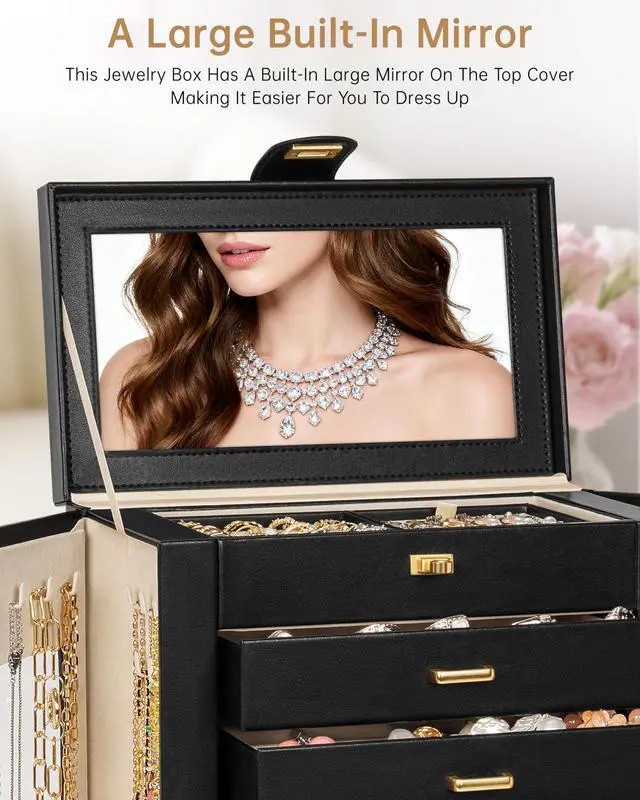 Alt view image 6 of 7 - 6-Tier Jewelry Box Organizer Functional 5 Drawers Leather Jewelry Storage Case for Women Girls Ring Necklace Earring Bracelet Holder Organizer with Mirror XL Black 360° Rotating