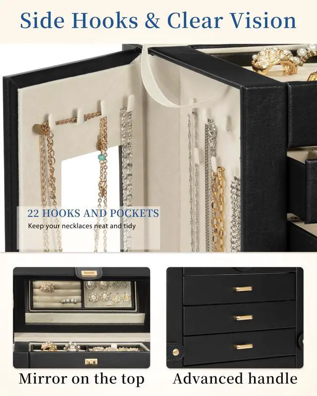 Alt view image 7 of 7 - 6-Tier Jewelry Box Organizer Functional 5 Drawers Leather Jewelry Storage Case for Women Girls Ring Necklace Earring Bracelet Holder Organizer with Mirror XL Black 360° Rotating