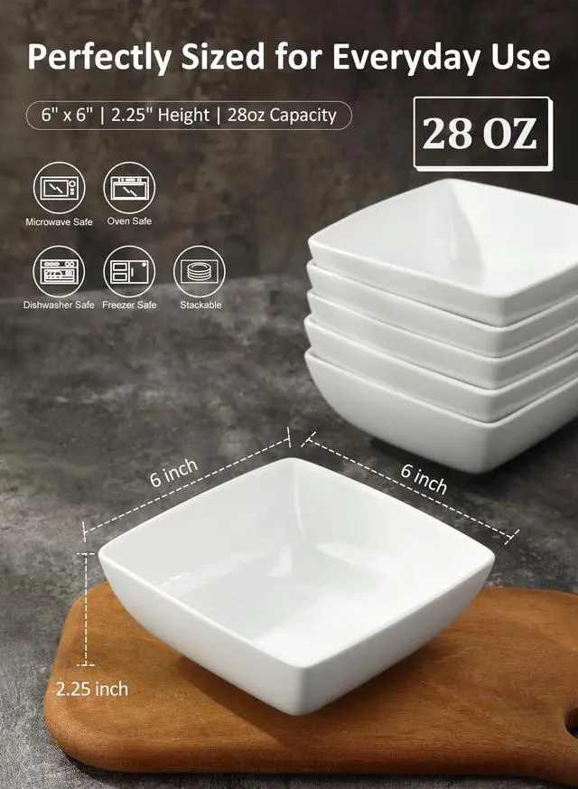 Alt view image 2 of 7 - Porcelain Soup Bowls Set of 6, 28 OZ Square Cereal Bowls, Rice Bowl, for Ice Cream and Dessert Snack, Wedding Party Gift, Microwave Safe Bowl