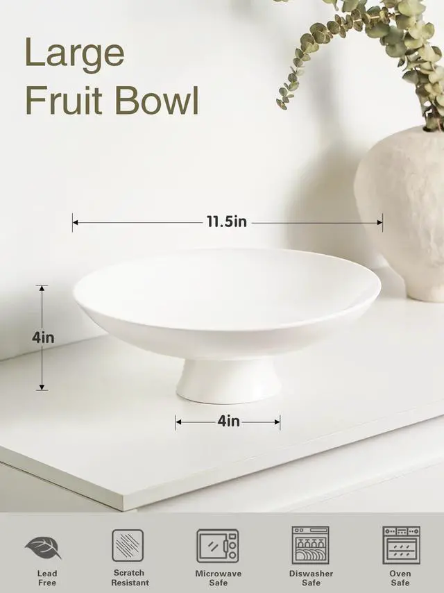 Alt view image 2 of 6 - Large Fruit Bowl for Kitchen Counter - Decorative Bowls for Home Décor - Ceramic Fruit Bowl, Pedestal Bowl - Modern Key Bowl for Entryway Table - 11.5 Inches, White