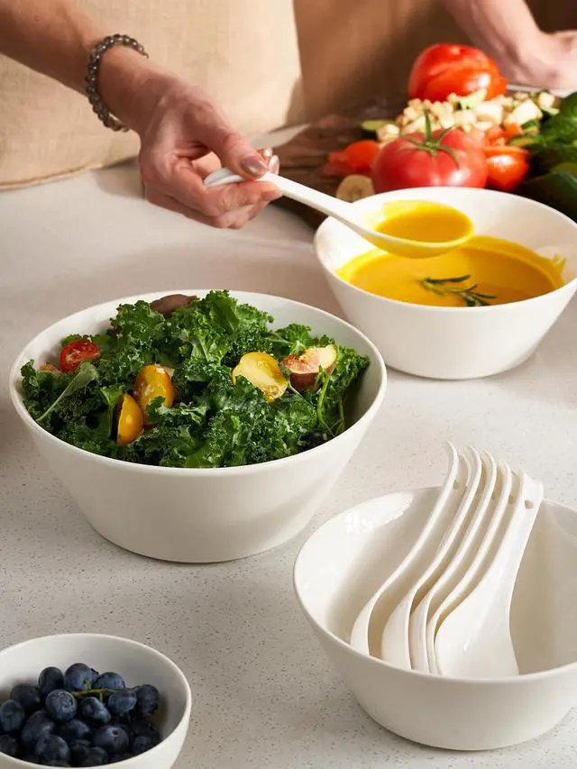 Alt view image 6 of 7 - 58.5 OZ Large Ceramic Salad Bowls Set of 4 - Microwave & Dishwasher Safe, Ideal for Salad, Fruit, Pasta, Snacks, Oatmeal - Soup Bowls Set for Restaurant, Party, Daily Use, Wedding, Soft White