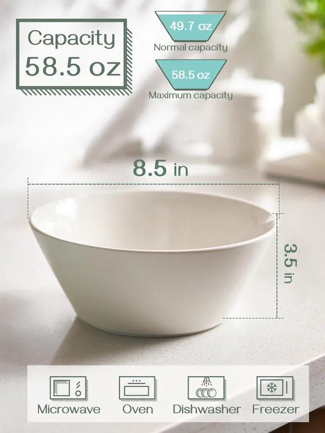 Alt view image 3 of 7 - 58.5 OZ Large Ceramic Salad Bowls Set of 4 - Microwave & Dishwasher Safe, Ideal for Salad, Fruit, Pasta, Snacks, Oatmeal - Soup Bowls Set for Restaurant, Party, Daily Use, Wedding, Soft White