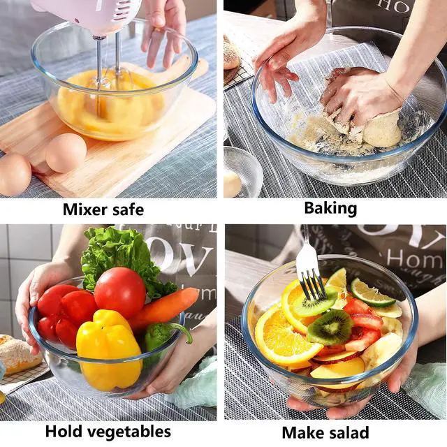 Alt view image 4 of 7 - Glass Mixing Bowl Set of 3 for Kitchen, Baking, Prepping, Serving, Cooking 1.1QT, 2.5QT, 4.2QT Large Salad Bowl Set, High Brosilicate Bowl Set, Stackable, Non-toxic, Microwavable, Great Gift