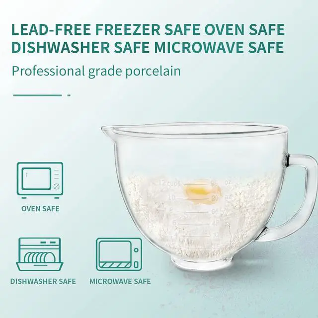 Alt view image 3 of 5 - Glass Mixer Bowl For Kitchenaid Tilt-Head Stand Mixers 4.5-5 Quart, 5 qt Mixing Bowl Replacement For Kitchen aid With Measurement Markings,Handle