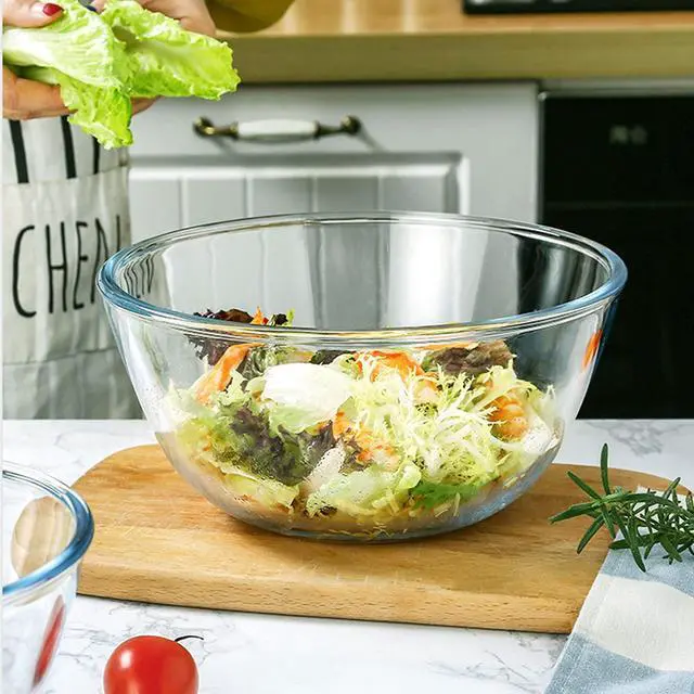 Alt view image 5 of 7 - Glass Mixing Bowl Set of 3 for Kitchen, Baking, Prepping, Serving, Cooking 1.1QT, 2.5QT, 4.2QT Large Salad Bowl Set, High Brosilicate Bowl Set, Stackable, Non-toxic, Microwavable, Great Gift