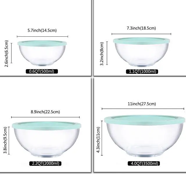Alt view image 5 of 7 - Glass Mixing Bowl Set with Airtight Lids for Kitchen Baking Prepping, Serving, Cooking 0.6QT, 1.1QT, 2.2QT, 4QT Salad Bowl Set with Lids, Dishwasher and Microwavable Safe
