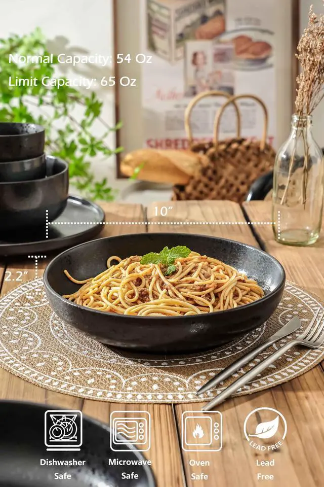 Alt view image 2 of 7 - Large Serving Bowls Set of 4, 60 ounce Large Salad Bowls, 10'' Ceramic Wide Shallow Bowl Plates, Pasta Serving Dishes for Fruit, Microwave Safe(Black and Grey) (TSW2021)