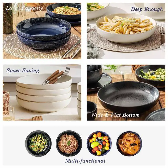Alt view image 4 of 7 - Large Serving Bowls Set of 4, 60 ounce Large Salad Bowls, 10'' Ceramic Wide Shallow Bowl Plates, Pasta Serving Dishes for Fruit, Microwave Safe(Black and Grey) (TSW2021)