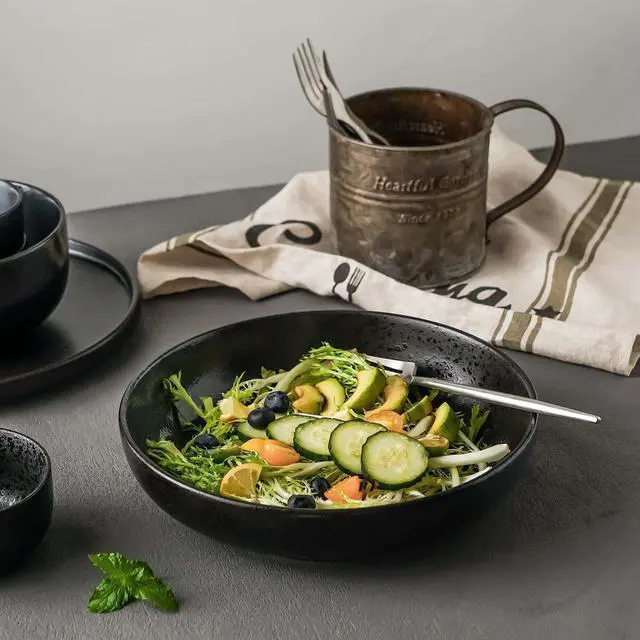 Alt view image 3 of 7 - Large Serving Bowls Set of 4, 60 ounce Large Salad Bowls, 10'' Ceramic Wide Shallow Bowl Plates, Pasta Serving Dishes for Fruit, Microwave Safe(Black and Grey) (TSW2021)