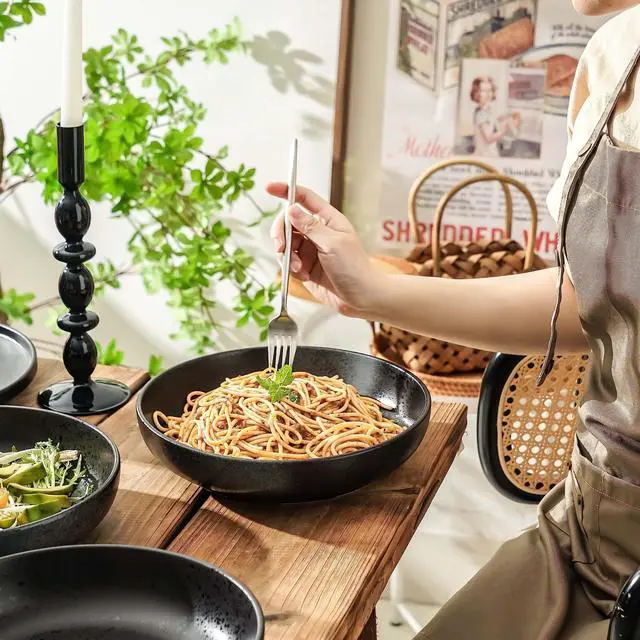 Alt view image 6 of 7 - Large Serving Bowls Set of 4, 60 ounce Large Salad Bowls, 10'' Ceramic Wide Shallow Bowl Plates, Pasta Serving Dishes for Fruit, Microwave Safe(Black and Grey) (TSW2021)
