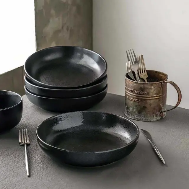 Alt view image 5 of 7 - Large Serving Bowls Set of 4, 60 ounce Large Salad Bowls, 10'' Ceramic Wide Shallow Bowl Plates, Pasta Serving Dishes for Fruit, Microwave Safe(Black and Grey) (TSW2021)