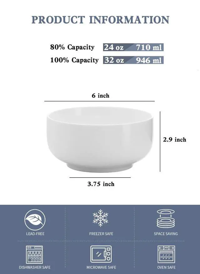 Alt view image 2 of 6 - Porcelain Bowl Set - 32 Ounce for Cereal, Salad and Soup, Bowls for Kitchen, Microwave and Dishwasher Safe - Set of 6, White