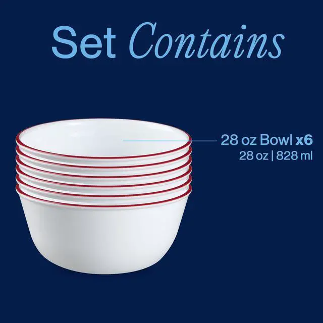 Alt view image 3 of 7 - Vitrelle Glass 6-PC Bowls Set, For Soup Cereal & Dessert, Chip-Resistant & Lightweight Bowl Dinnerware Set, Red Banded 28 OZ
